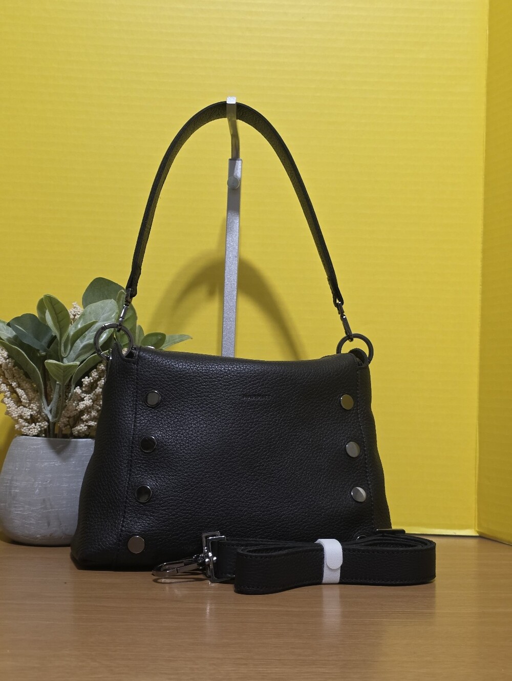 Black Pebbled Leather Shoulder Bag with Silver Studs - Picture 2 of 8
